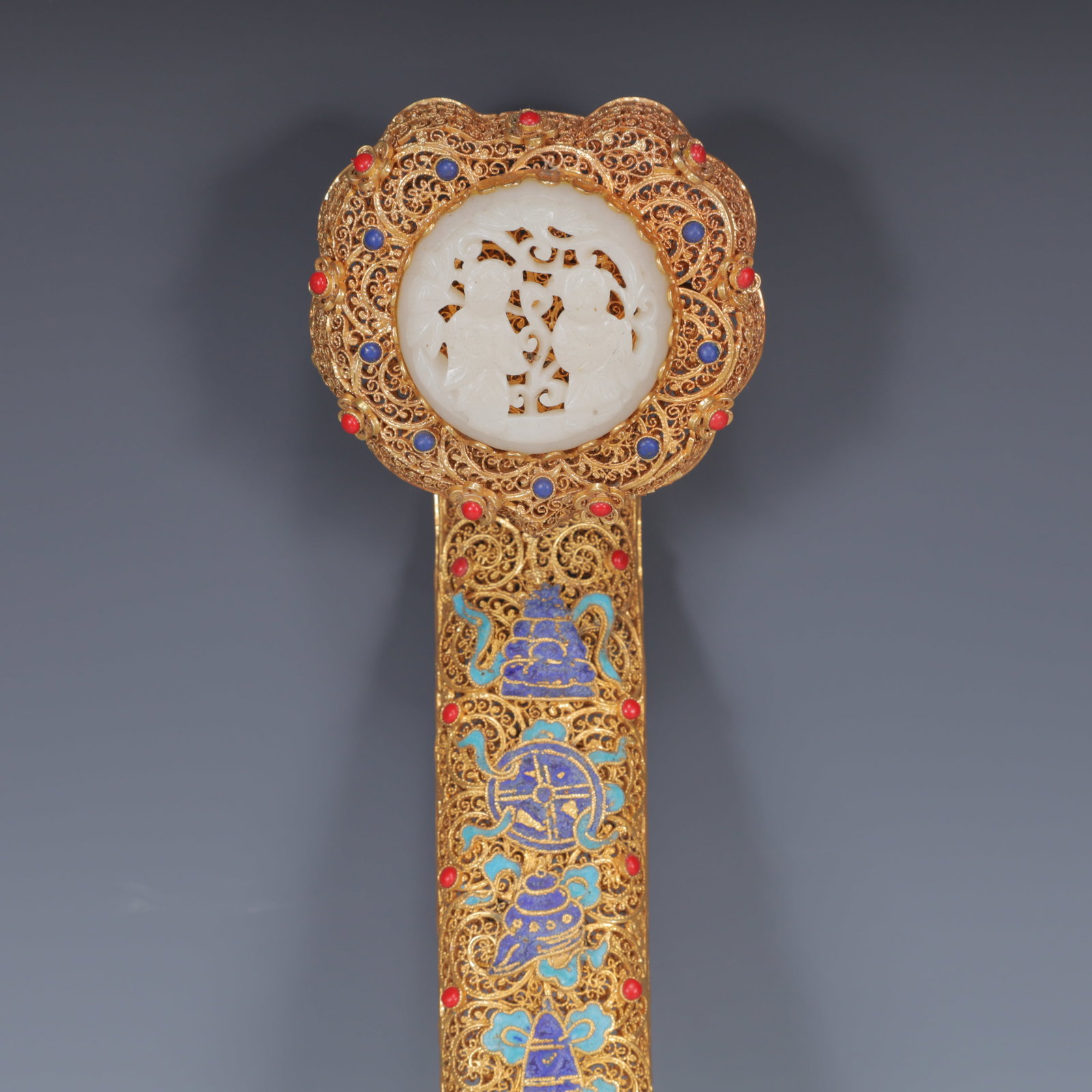 An Exquisite Filigree and Gilding Inlaid White Jade Flower Pattern Ruyi Ornament,Inlaid Gems - 9