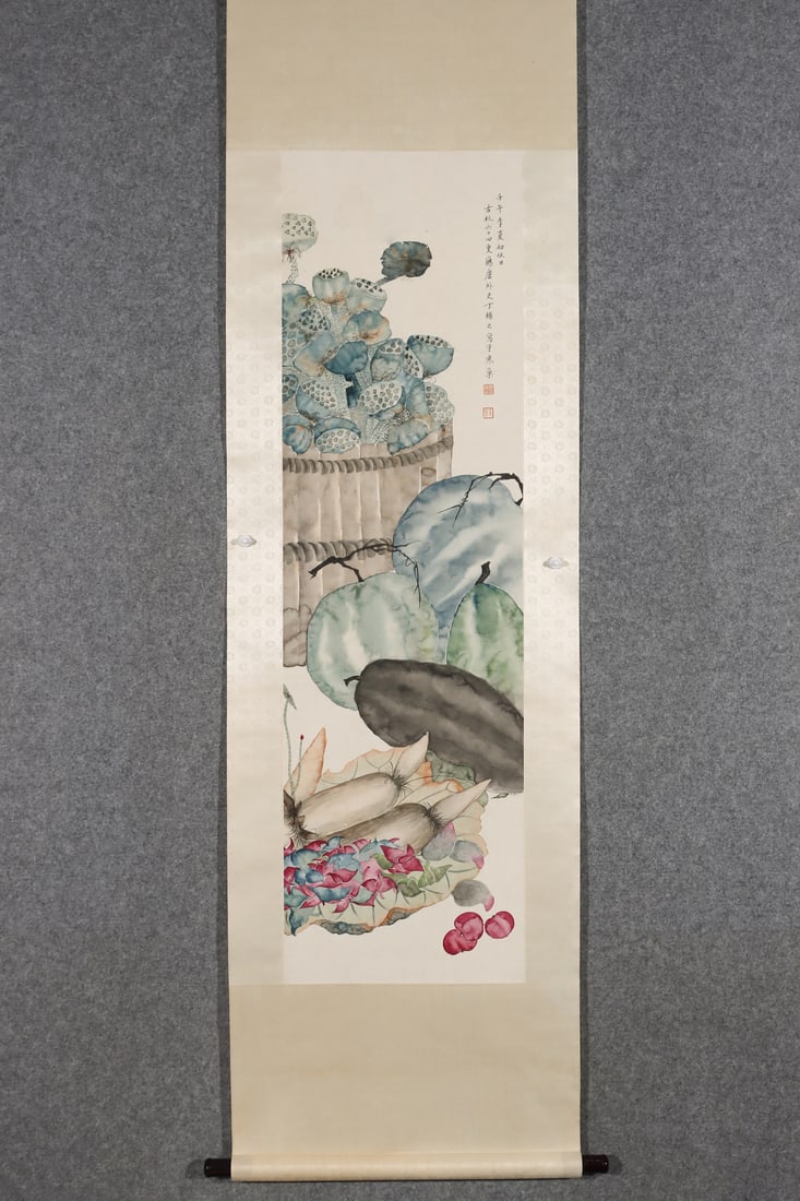 A Chinese Vertical Scroll Ink Painting of Flower and Fruit on Paper: A Chinese Vertical Scroll Ink Painting of Flower and Fruit on Paper,Modern Time of China,Ding Fuzhi,without frame size:51.6inx15in