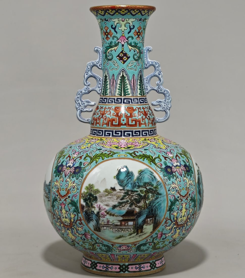 A Exquisite Famille-Rose Turquoise-Glazed Ground Landscape and Figures Pattern Double-Ears Vase: A Exquisite Famille-Rose Turquoise-Glazed Ground Landscape and Figures Pattern Double-Ears Vase,Qing Dynasty, China,Qianlong Six-character Mark,Size:12.6inx7.5in