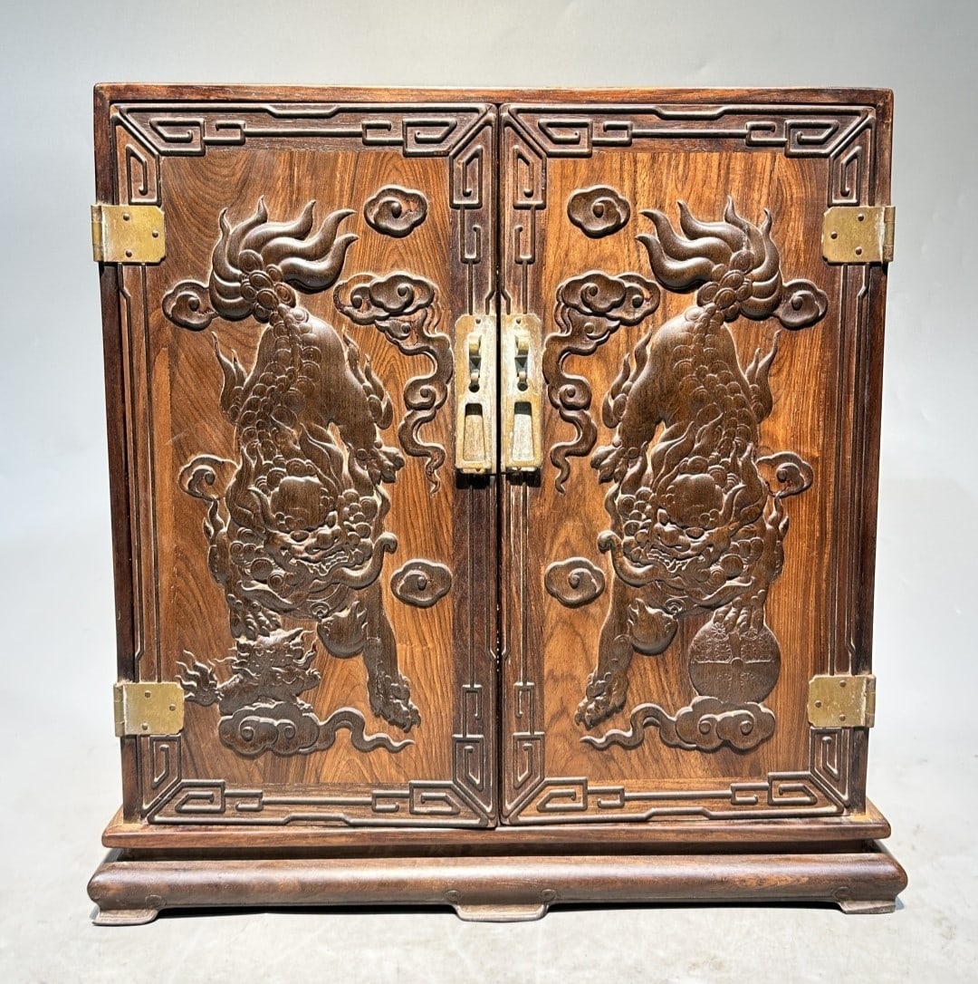 A Exquisite Huanghuali Wood Auspicious Beast Pattern Box: A Exquisite Huanghuali Wood Auspicious Beast Pattern Box,Qing Dynasty, China,Size:18.1inx11.4inx18.1in 黄花梨瑞兽纹箱,中国清代