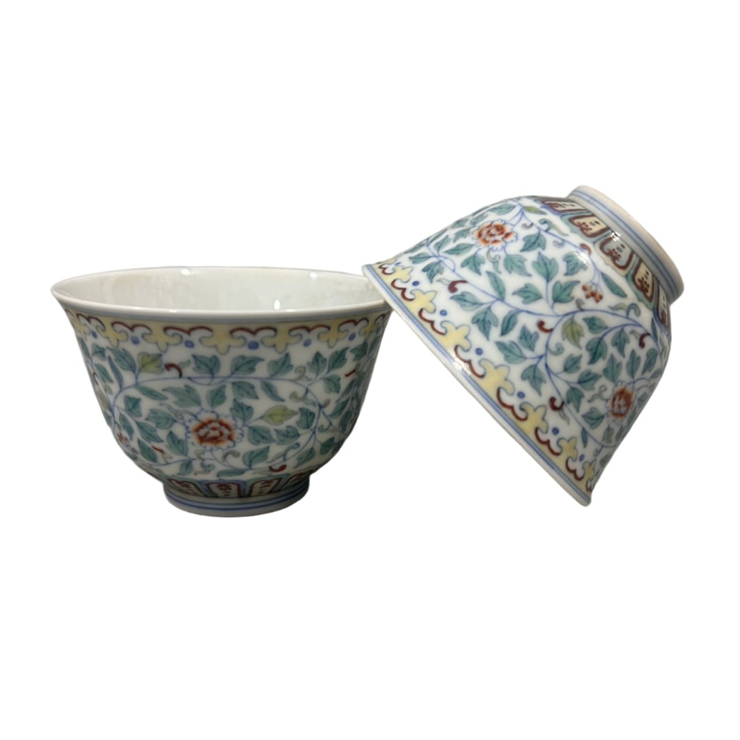 A Set of Exquisite Doucai Lotus Pattern Cup: A pair of Exquisite Doucai Lotus Pattern Cup,Qing Dynasty, China,Yongzheng Six-character Mark,Size:2.1inx3.3in