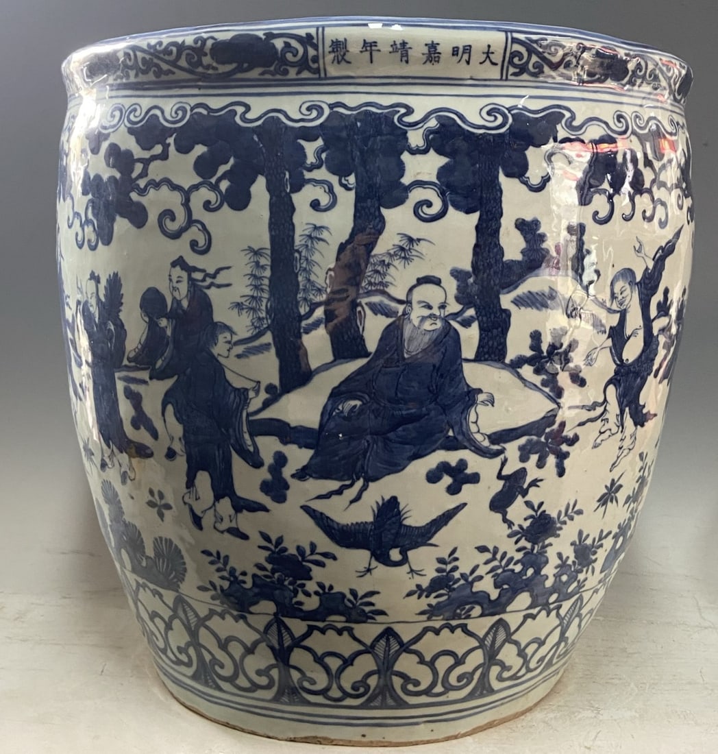 A Exquisite Blue and White Character and Story Pattern Vat: A Exquisite Blue and White Character and Story Pattern Vat,Ming Dynasty, China,Jiajing Six-character Mark,Size:17.7inx18.5in