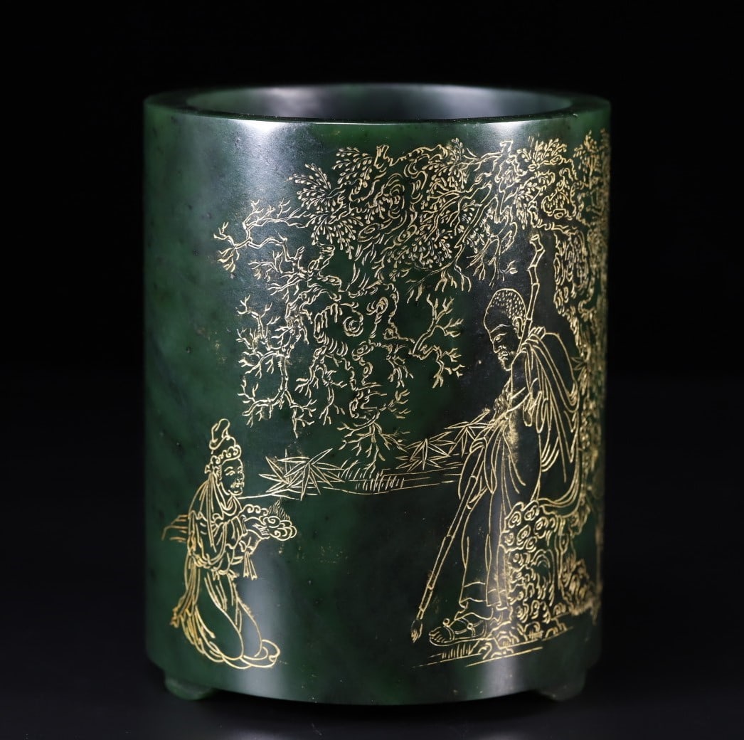 A Exquisite Hotan Jasper Arhat Statue Brush Pot (1 of 9)