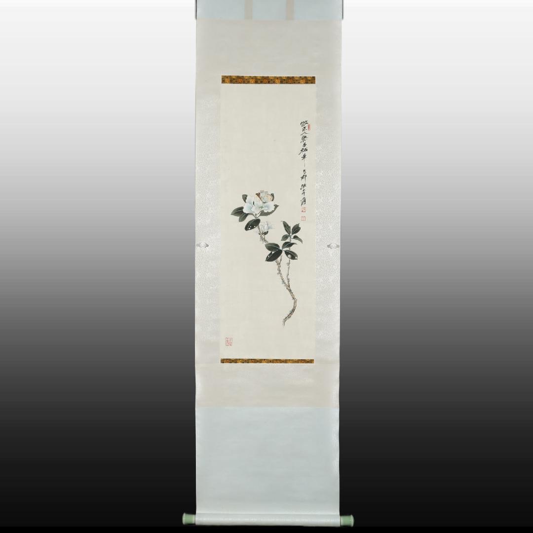 A Chinese Vertical Scroll Ink Painting of Flowers on Paper: A Chinese Vertical Scroll Ink Painting of Flowers on Paper,Modern Time of China,Zhang Daqian,without frame size:36.2inx12.2in 一幅中国水墨纸本花&#