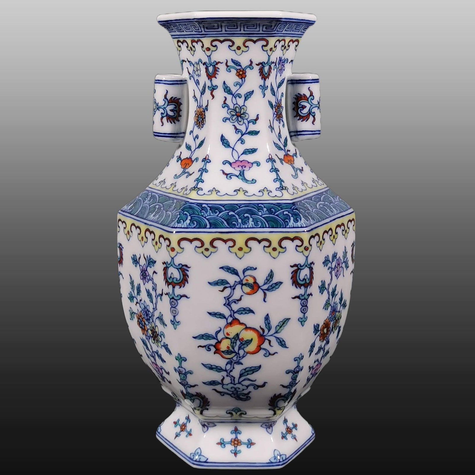 A Exquisite Blue and White Doucai Flower and Fruit Pattern Vase: A Exquisite Blue and White Doucai Flower and Fruit Pattern Vase,Qing Dynasty, China,Yongzheng Six-character Mark,Size:8.7inx3.1inx4.9in 青花斗彩花果纹瓶