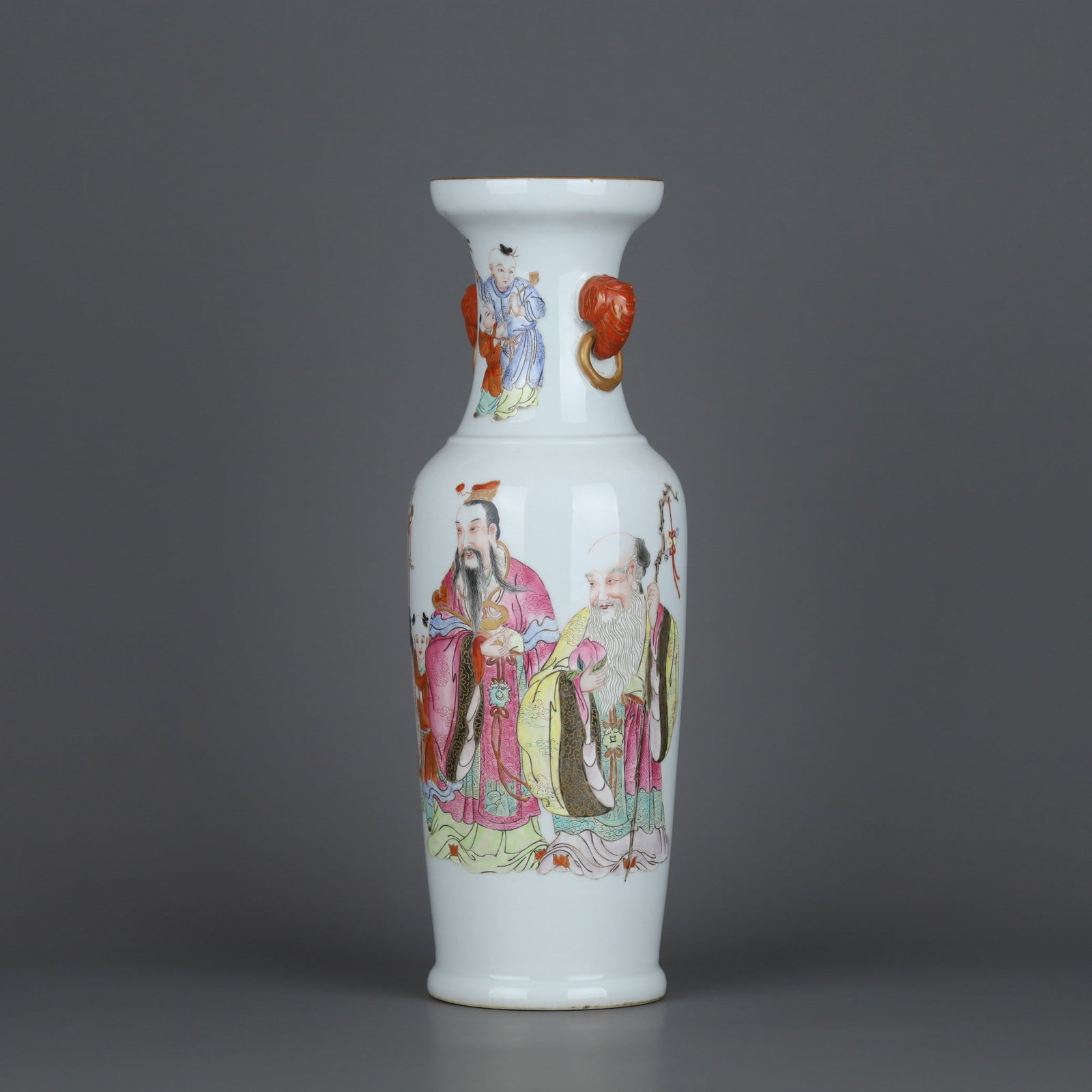 A Exquisite Famille Rose Figure Pattern Elephant Ears Vase: A Exquisite Famille Rose Figure Pattern Elephant Ears Vase,Qing Dynasty, China,Qianlong Six-character Mark,Size:11.5inx4.1in