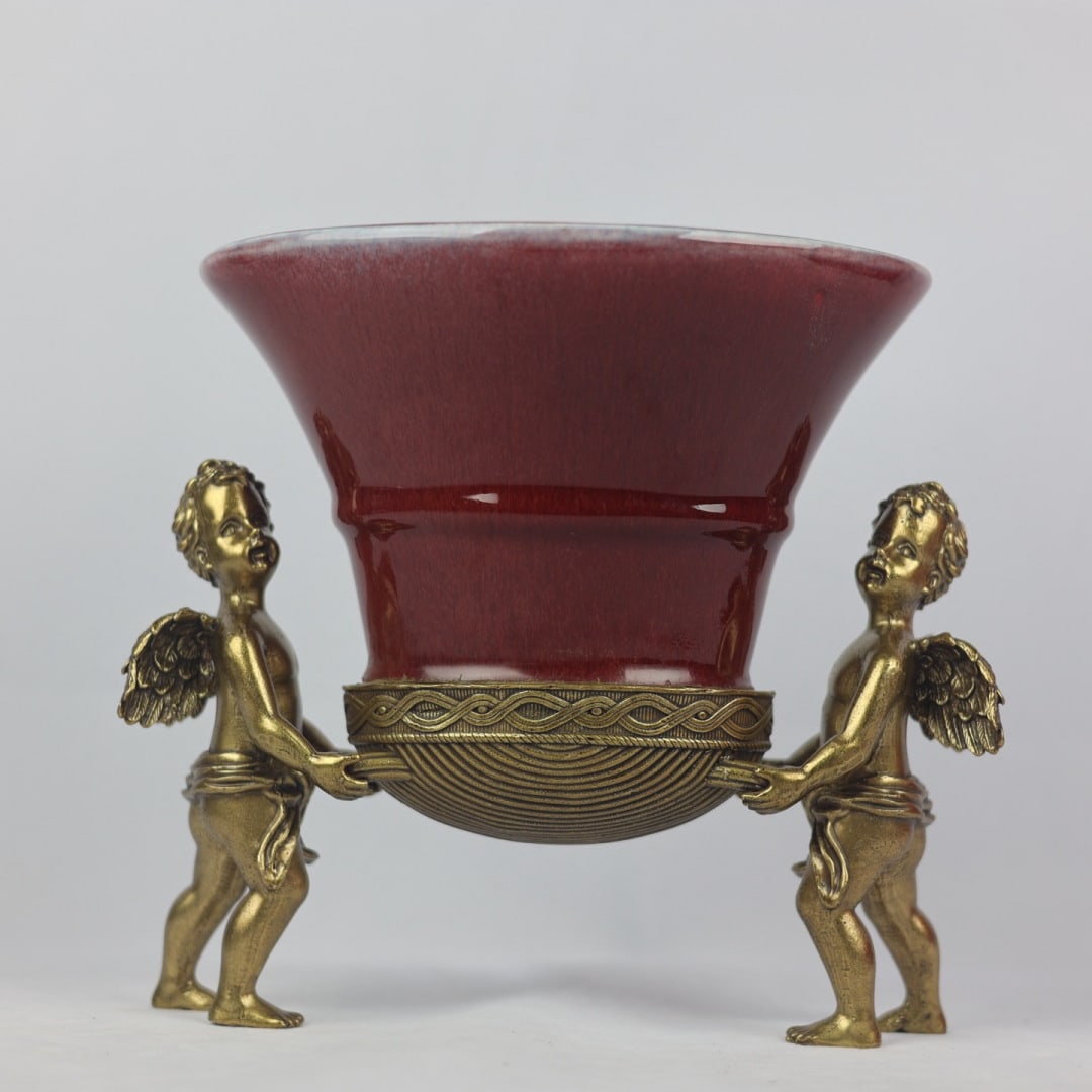 A Exquisite Langyao Red Glaze Copper Inlay Vase: A Exquisite Langyao Red Glaze Copper Inlay Vase,Qing Dynasty, China,Size:9.8inx9.3inx10.8inx10.2in 郎红釉镶铜瓶,中国清代