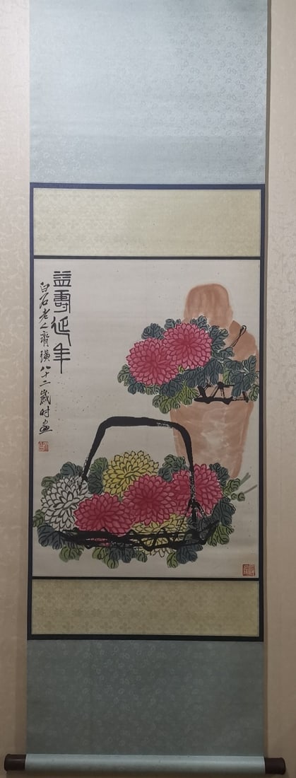 A Chinese Vertical Scroll Ink Flower Painting on Paper: A Chinese Vertical Scroll Ink Flower Painting on Paper,Modern Time of China,Qi Baishi,without frame size:29.9inx21.3in 一幅中国水墨纸本花卉&