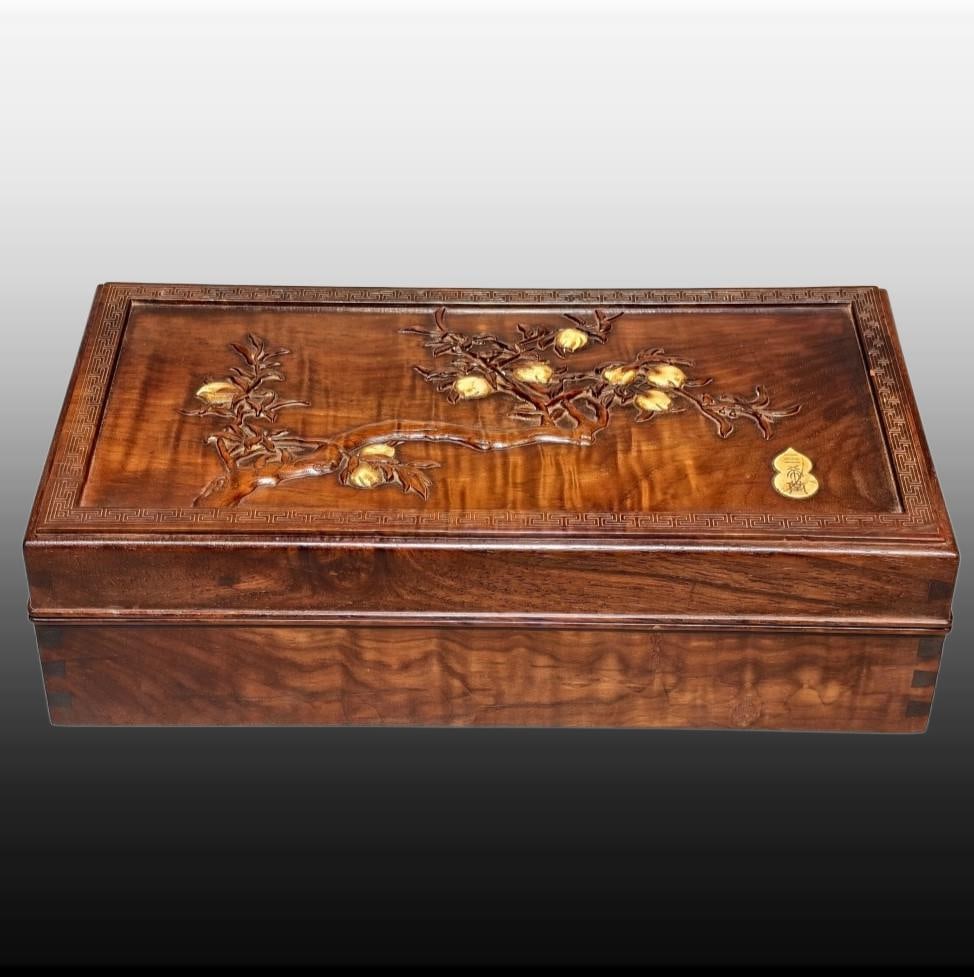 A Exquisite Huanghuali Wood Peach Pattern Jewelry Box: A Exquisite Huanghuali Wood Peach Pattern Jewelry Box,Qing Dynasty, China,Size:11.8inx6.3inx3.3in 黄花梨桃纹首饰盒,中国清代