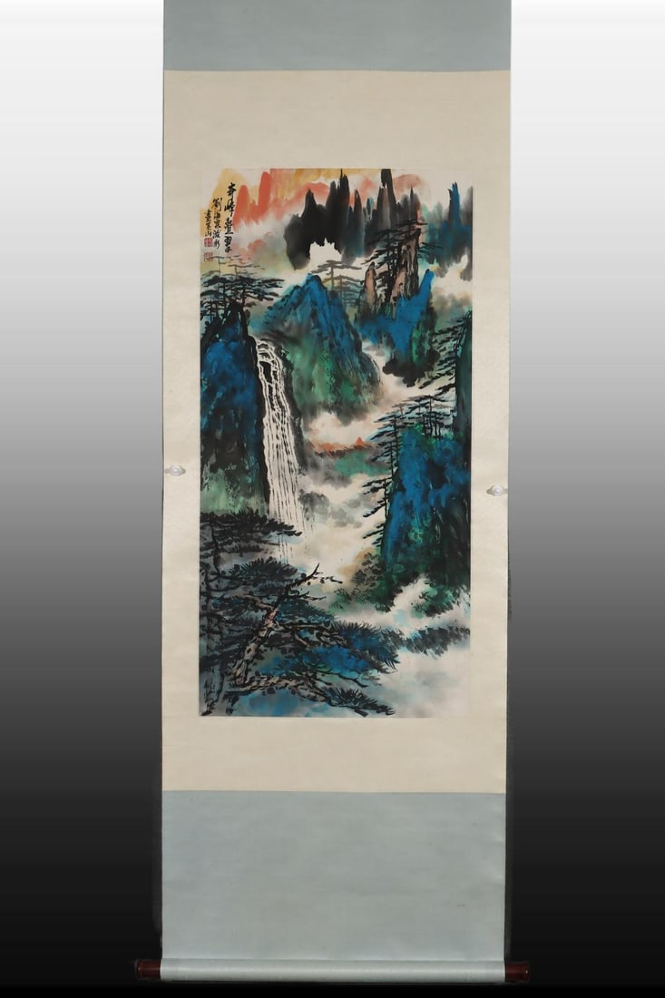 A Chinese Vertical Scroll Ink Painting of Landscape on Paper: A Chinese Vertical Scroll Ink Painting of Landscape on Paper,Modern Time of China,Liu Haisu,without frame size:39inx19.3in 一幅中国水墨纸本山ĕ