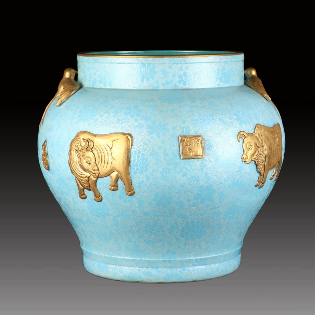 A Exquisite Blue Ground Painted Gold Buffalo Pattern Vat: A Exquisite Blue Ground Painted Gold Buffalo Pattern Vat,Qing Dynasty, China,Qianlong Six-character Mark,Size:13.4inx15in