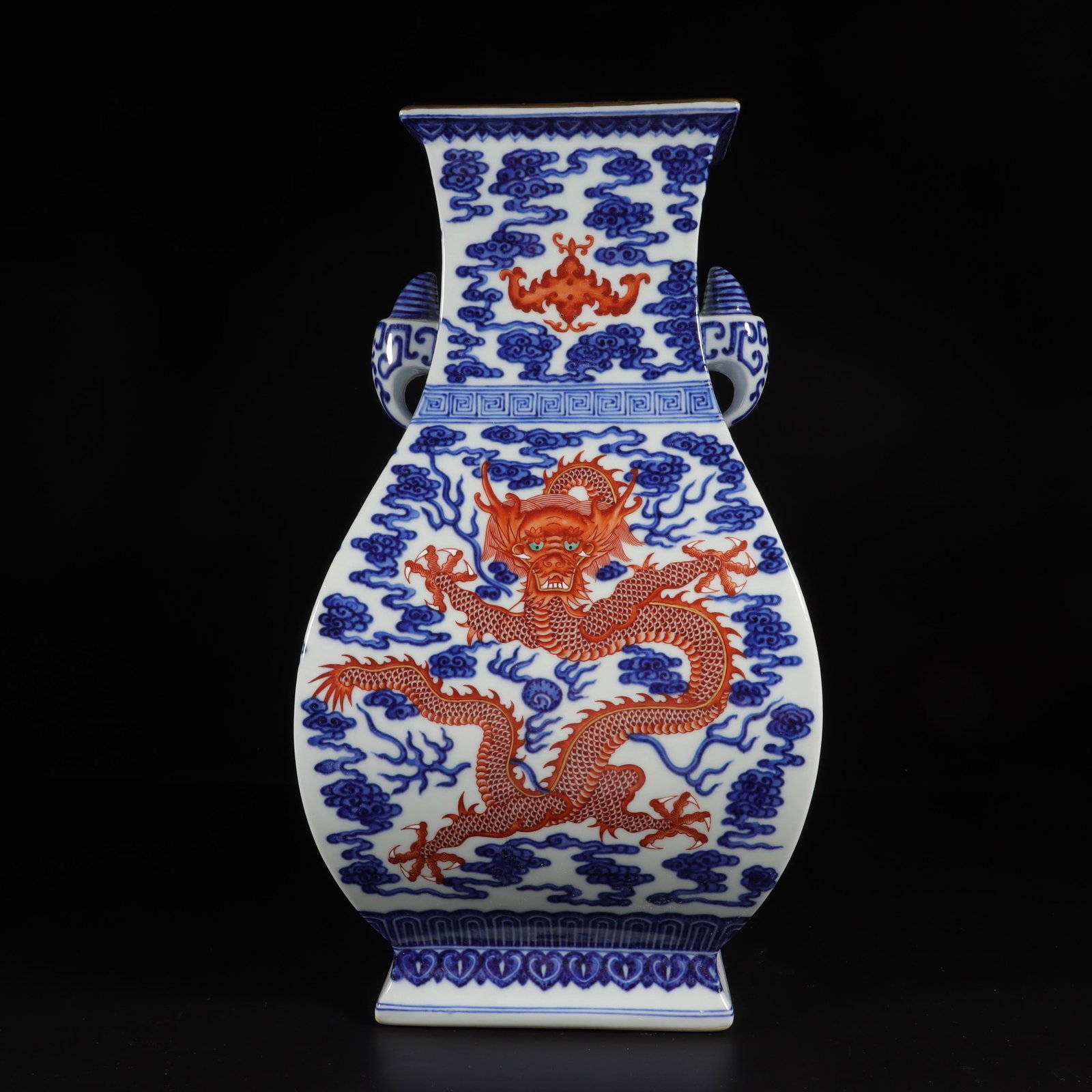 A Exquisite Blue and White Iron-Red Dragon and Phoenix Pattern Double-Ears Vase: A Exquisite Blue and White Iron-Red Dragon and Phoenix Pattern Double-Ears Vase,Qing Dynasty, China,Qianlong Six-character Mark,Size:15.7inx8.7in