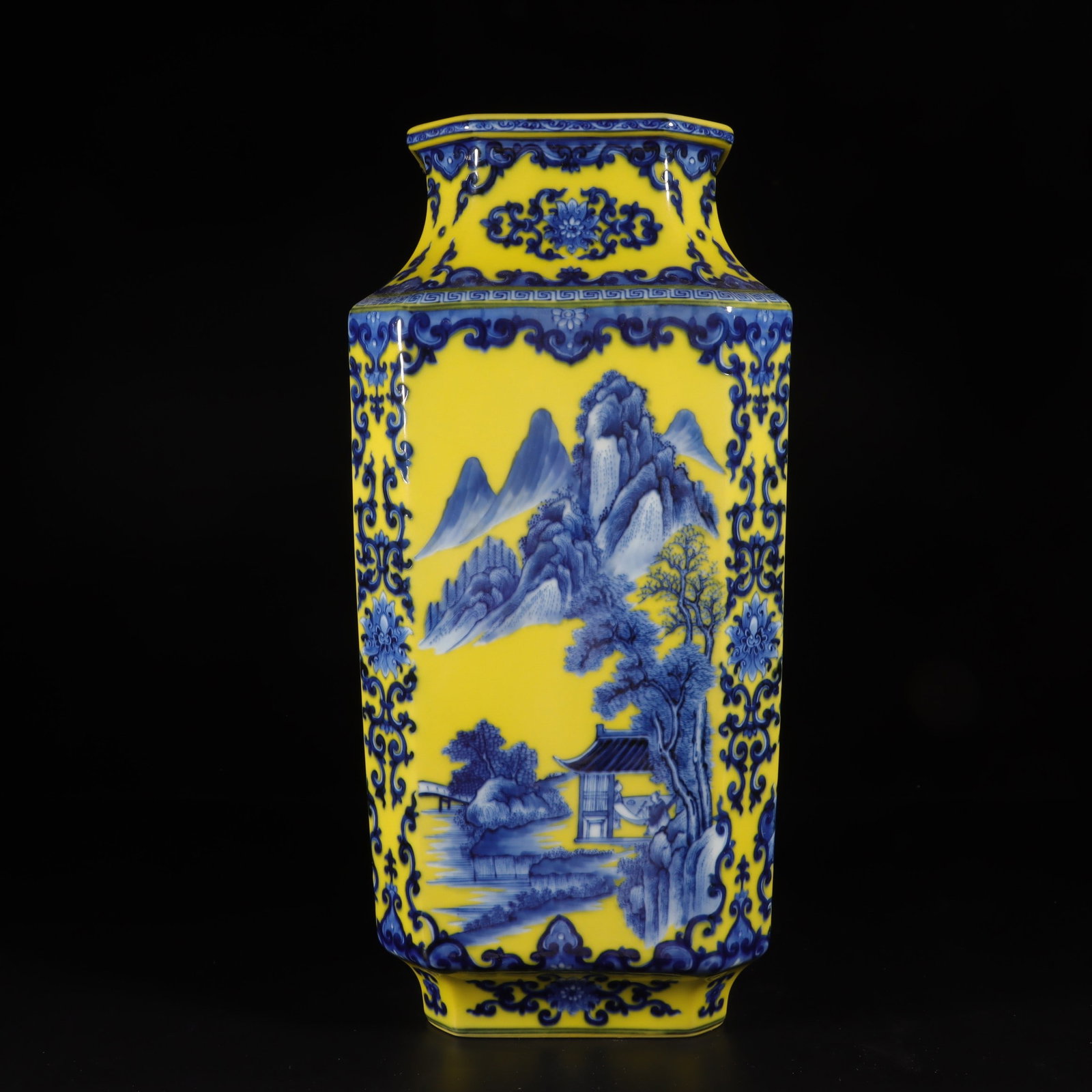 A Exquisite Lemon Yellow Glazed Blue and White Landscape Pattern Vase (1 of 9)