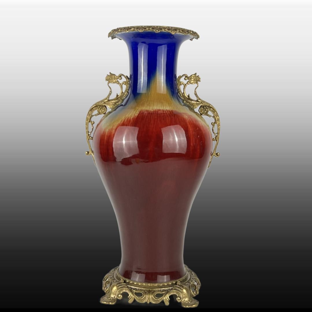 A Exquisite Flambe Glaze Copper Inlay Double-Ears Vase: A Exquisite Flambe Glaze Copper Inlay Double-Ears Vase,Qing Dynasty, China,Qianlong Six-character Mark,Size:19.3inx6.7inx10.2inx7.5in
