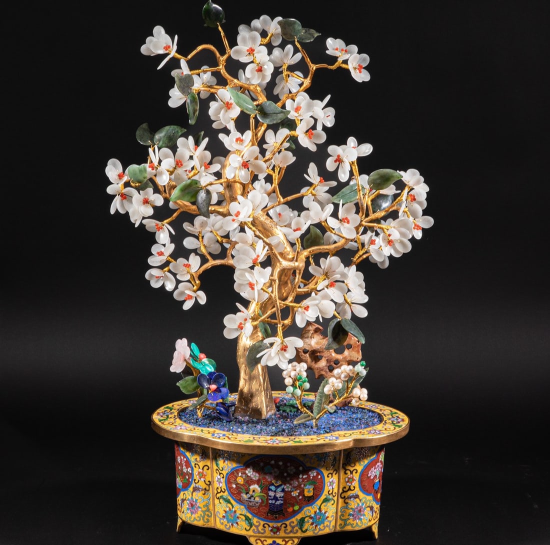 A Exquisite Cloisonne Plum Flower Bonsai Ornament: A Exquisite Cloisonne Plum Flower Bonsai Ornament,Qing Dynasty, China,Qianlong Four-character Mark,Size:25.6inx16.9in 景泰蓝梅花盆景,中国清&