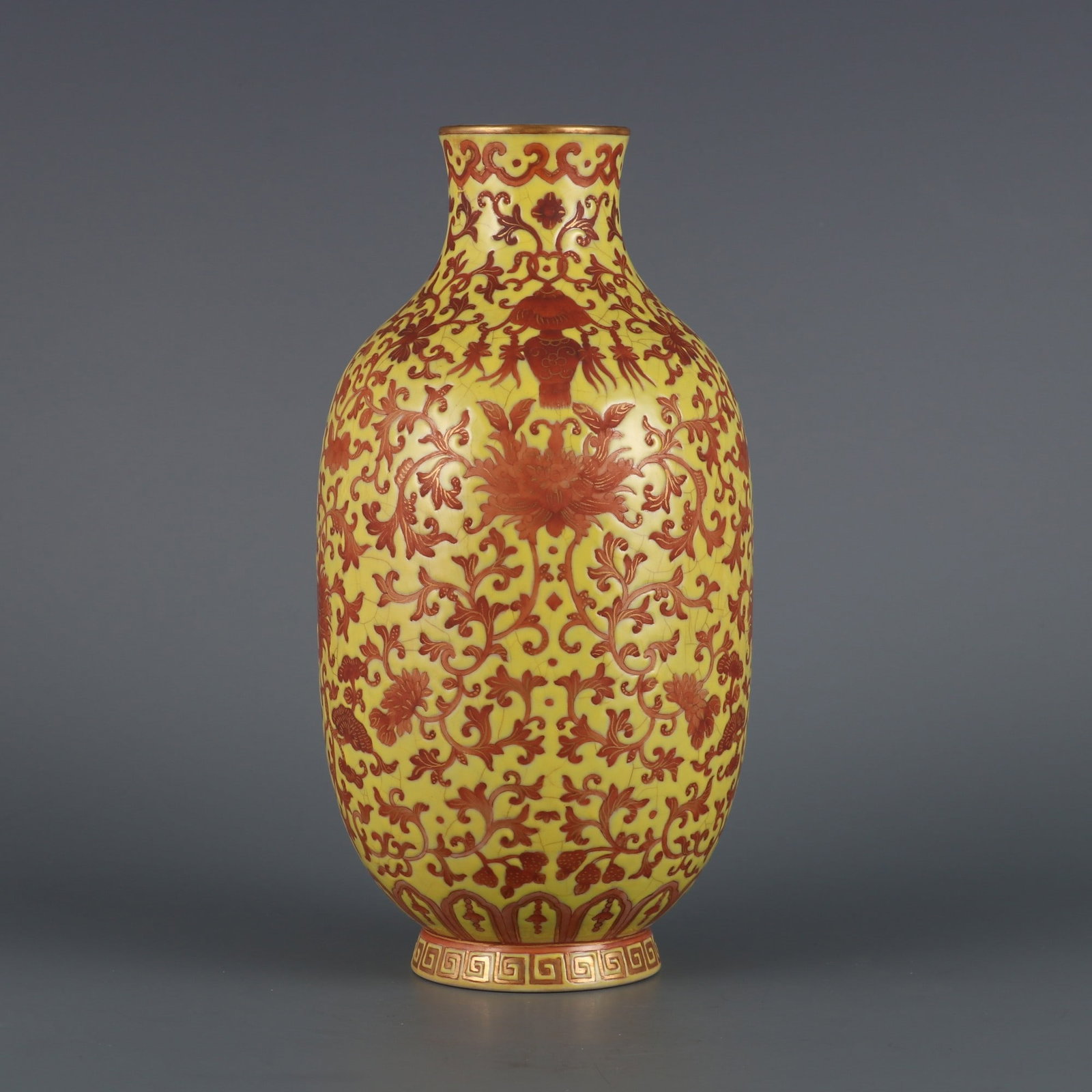 A Exquisite Yellow Ground Iron-Red Painted Gold Lotus Pattern Vase: A Exquisite Yellow Ground Iron-Red Painted Gold Lotus Pattern Vase,Qing Dynasty, China,Qianlong Six-character Mark,Size:9.1inx2in