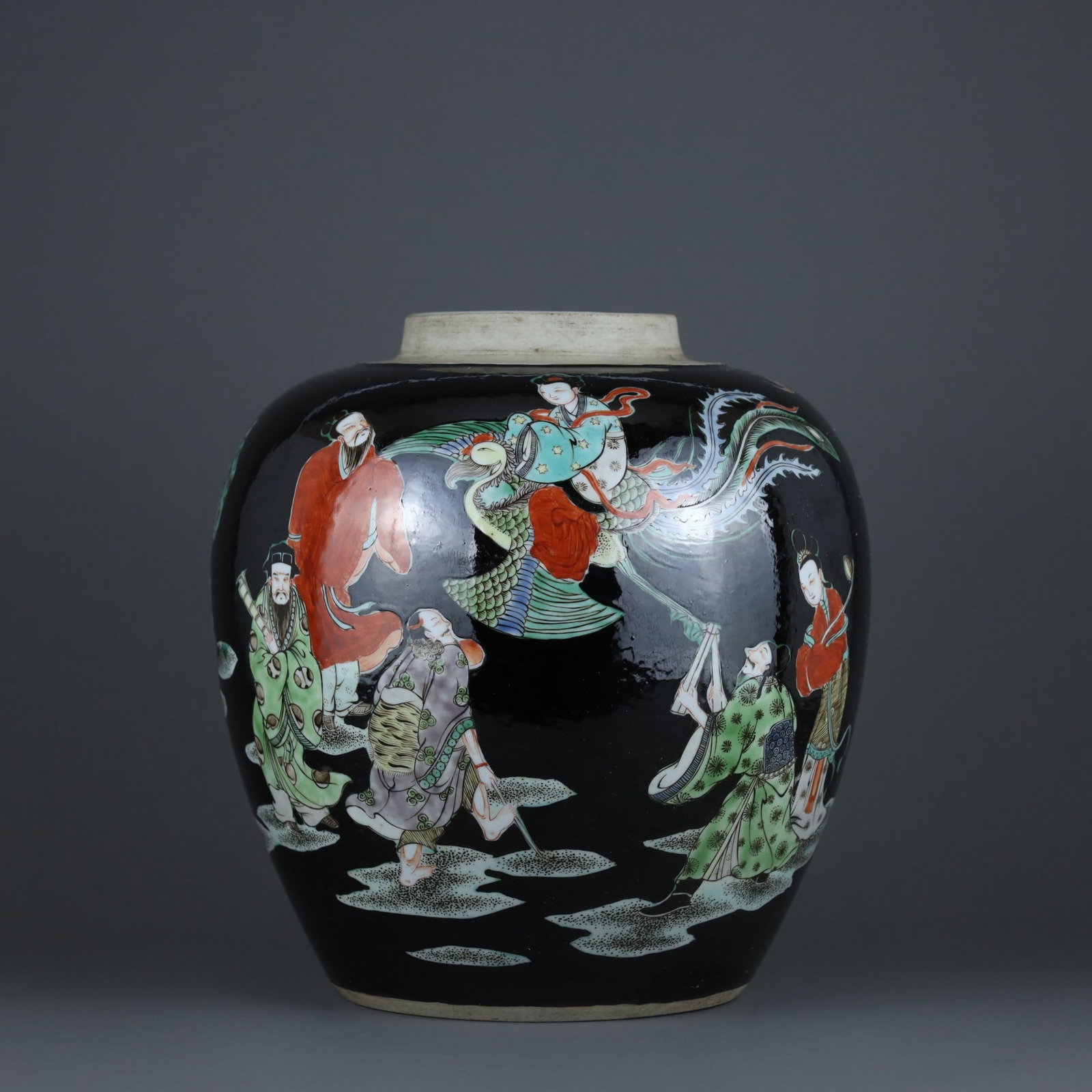 A Exquisite Ink Ground Wucai Figure Pattern Jar: A Exquisite Ink Ground Wucai Figure Pattern Jar,Qing Dynasty, China,Size:9.1inx8.7in 墨地五彩人物纹罐,中国清代
