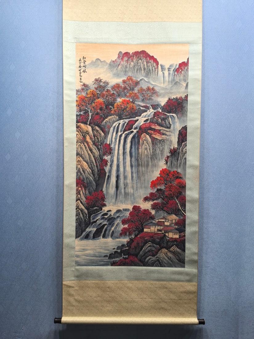 A Chinese Vertical Scroll Ink Painting of Landscape on Paper: A Chinese Vertical Scroll Ink Painting of Landscape on Paper,Modern Time of China,Li Keran,without frame size:26.6inx53.2in 一幅中国水墨纸本山