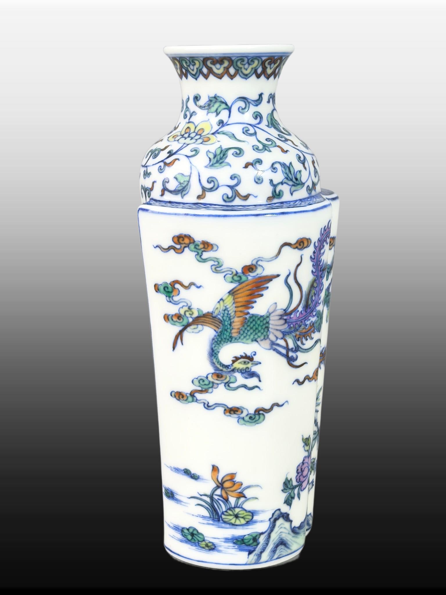 A Exquisite Blue and White Doucai Phoenix Pattern Vase: A Exquisite Blue and White Doucai Phoenix Pattern Vase,Qing Dynasty, China,Yongzheng Six-character Mark,Size:6.4inx1.6inx2.8inx2in