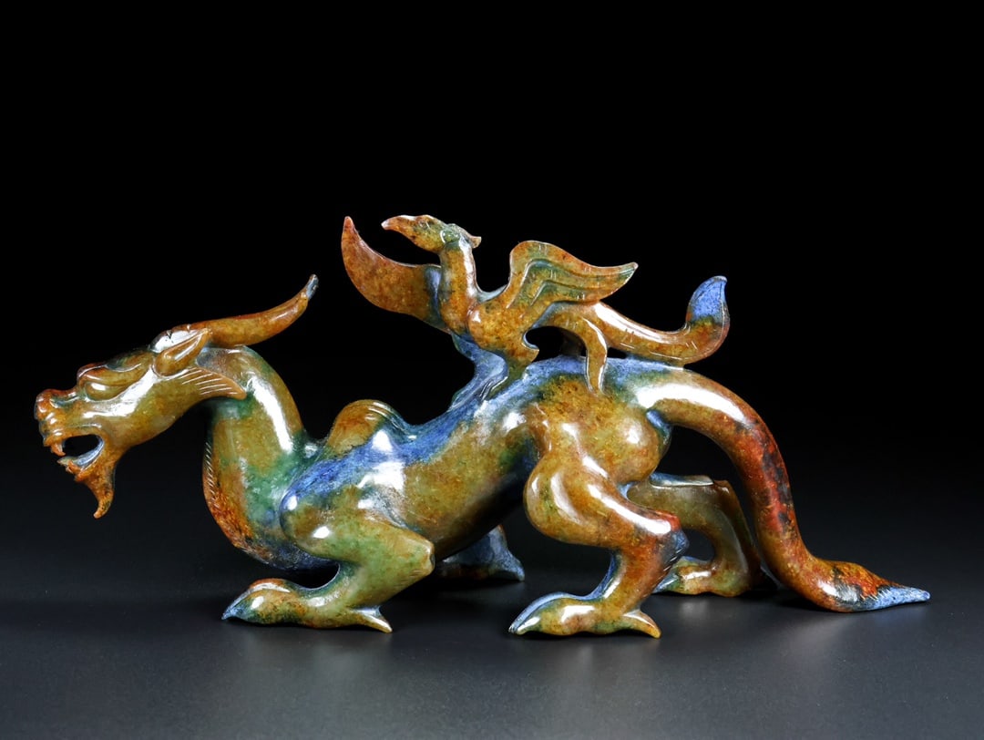 A Exquisite Hotan Jade Dragon Phoenix Ornament: A Exquisite Hotan Jade Dragon Phoenix Ornament,Han Dynasty, China,Size:10.6inx3.1inx4.7in,Weight:908g 和田玉龙凤摆件,中国汉代