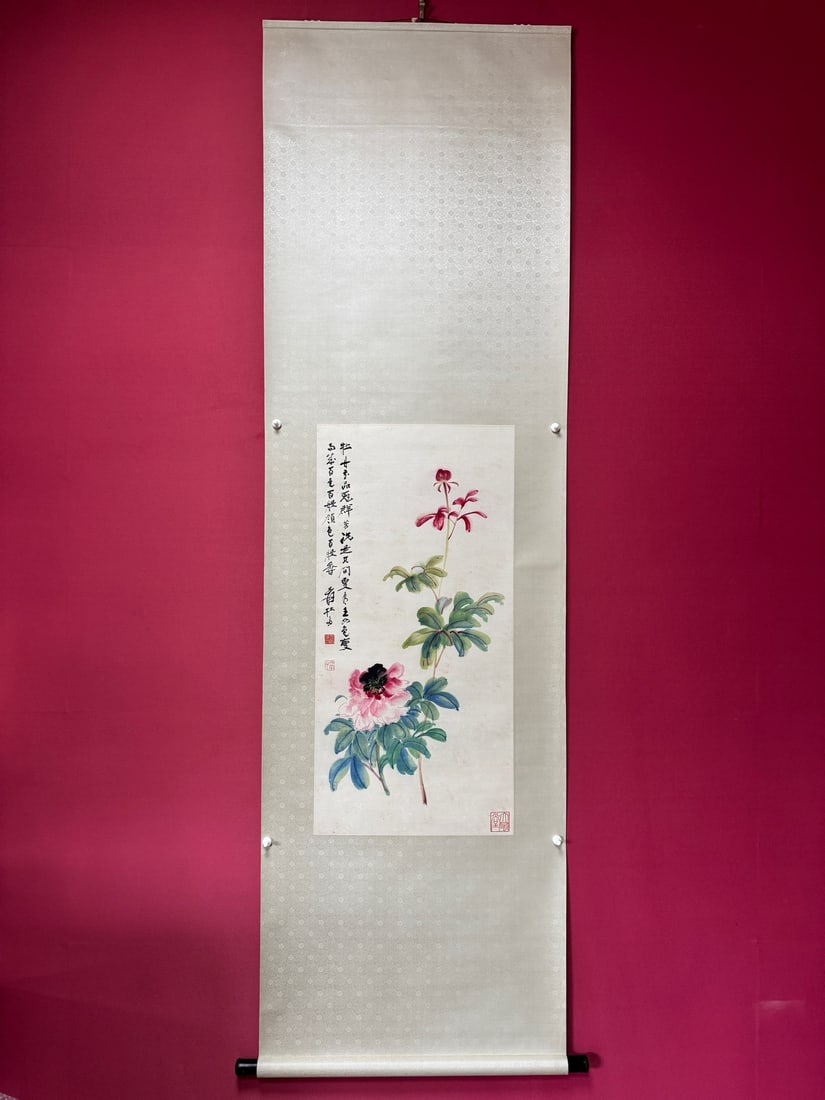 A Chinese Vertical Scroll Ink Painting of Flowers on Paper: A Chinese Vertical Scroll Ink Painting of Flowers on Paper,Modern Time of China,Zhang Daqian,without frame size:17.3inx35.4in