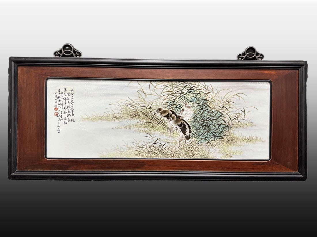 A Exquisite Famille-Rose Flower and Bird Pattern Porcelain Plate: A Exquisite Famille-Rose Flower and Bird Pattern Porcelain Plate,Republic of China,Size:15.7inx38.6in 粉彩花鸟纹瓷板画,民国