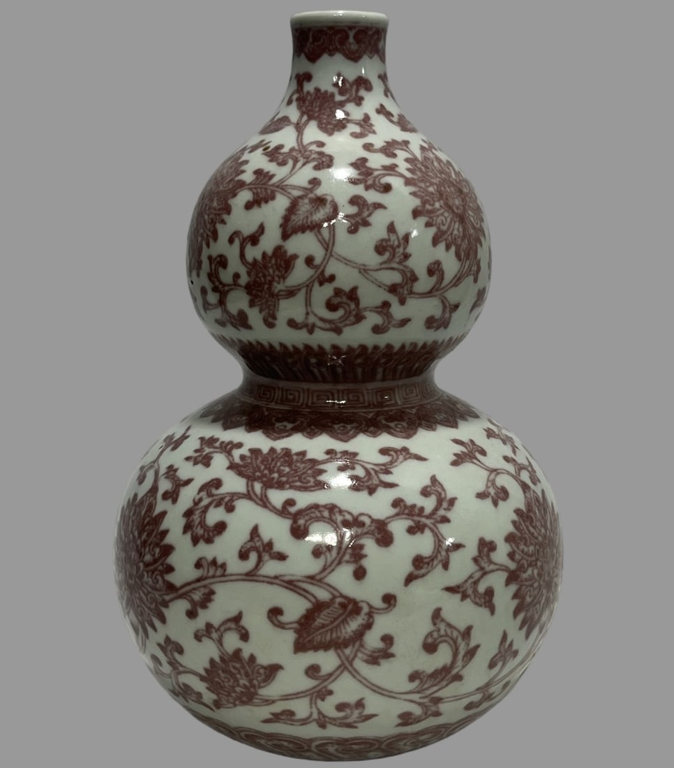 A Exquisite Underglaze-Red Lotus Pattern Vase: A Exquisite Underglaze-Red Lotus Pattern Vase,Qing Dynasty, China,Qianlong Six-character Mark,Size:11.8in