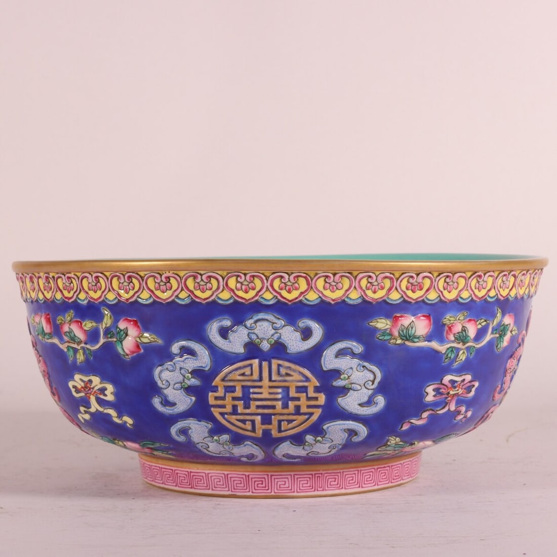 A Exquisite Enamel Blue Ground Painted Gold Bats and Peach Pattern Bowl: A Exquisite Enamel Blue Ground Painted Gold Bats and Peach Pattern Bowl,Qing Dynasty, China,Qianlong Six-character Mark,Size:2.8inx6.7in