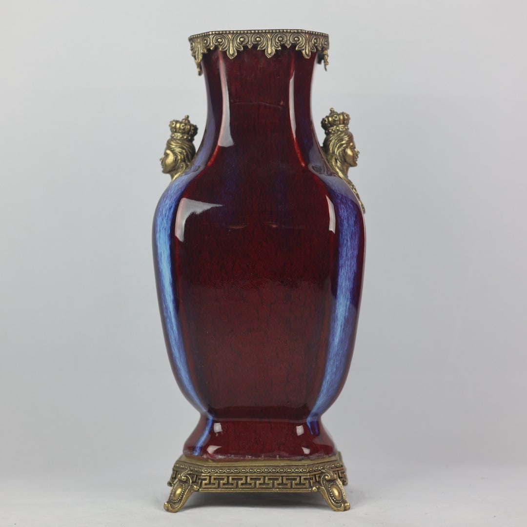 A Exquisite Flambe Glaze Copper Inlay Double-Ears Vase: A Exquisite Flambe Glaze Copper Inlay Double-Ears Vase,Qing Dynasty, China,Yongzheng Six-character Mark,Size:17.3inx5.1inx7.9inx6.7in