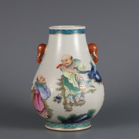 A Exquisite Blue and White Famille-Rose Figures Pattern Elephant-Ears Vase