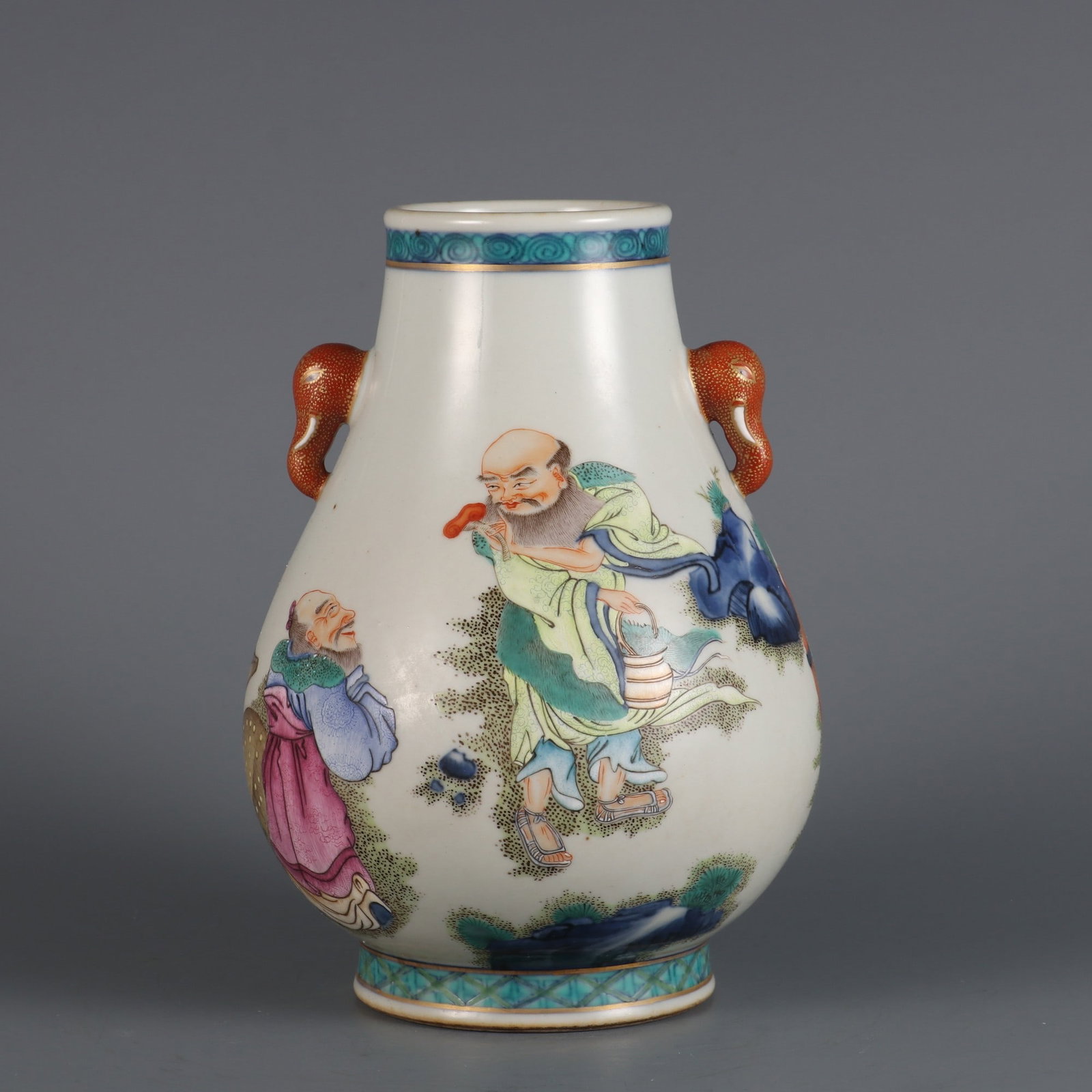 A Exquisite Blue and White Famille-Rose Figures Pattern Elephant-Ears Vase: A Exquisite Blue and White Famille-Rose Figures Pattern Elephant-Ears Vase,Qing Dynasty, China,Qianlong Six-character Mark,Size:7.7inx5.1inx2.6in