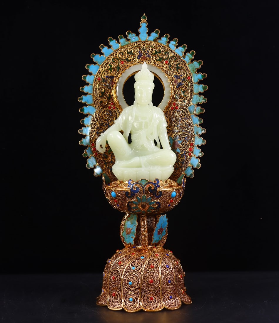 A Exquisite Filigree Gilt Inlaid Hotan Jade Buddha statue Ornament: A Exquisite Filigree Gilt Inlaid Hotan Jade Buddha statue Ornament,Qing Dynasty, China,Qianlong Four-character Mark,Size:14.6inx6.3inx4.7in,Weight:1230g