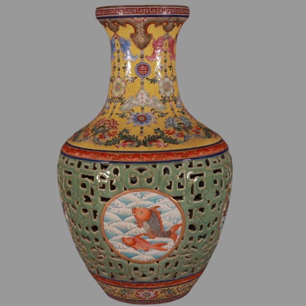 A Exquisite Famille-Rose Yellow Ground Pea-Green Glaze Hollow Fish Pattern Vase: A Exquisite Famille-Rose Yellow Ground Pea-Green Glaze Hollow Fish Pattern Vase,Qing Dynasty, China,Qianlong Six-character Mark,Size:16.5inx5inx5.2in