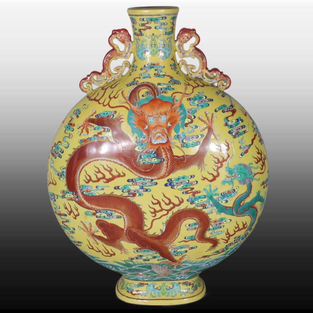 A Exquisite Yellow Ground Doucai Dragon Pattern Dragon Ears Vase: A Exquisite Yellow Ground Doucai Dragon Pattern Dragon Ears Vase,Qing Dynasty, China,Qianlong Six-character Mark,Size:20.1inx3.3inx15.4inx6.5in