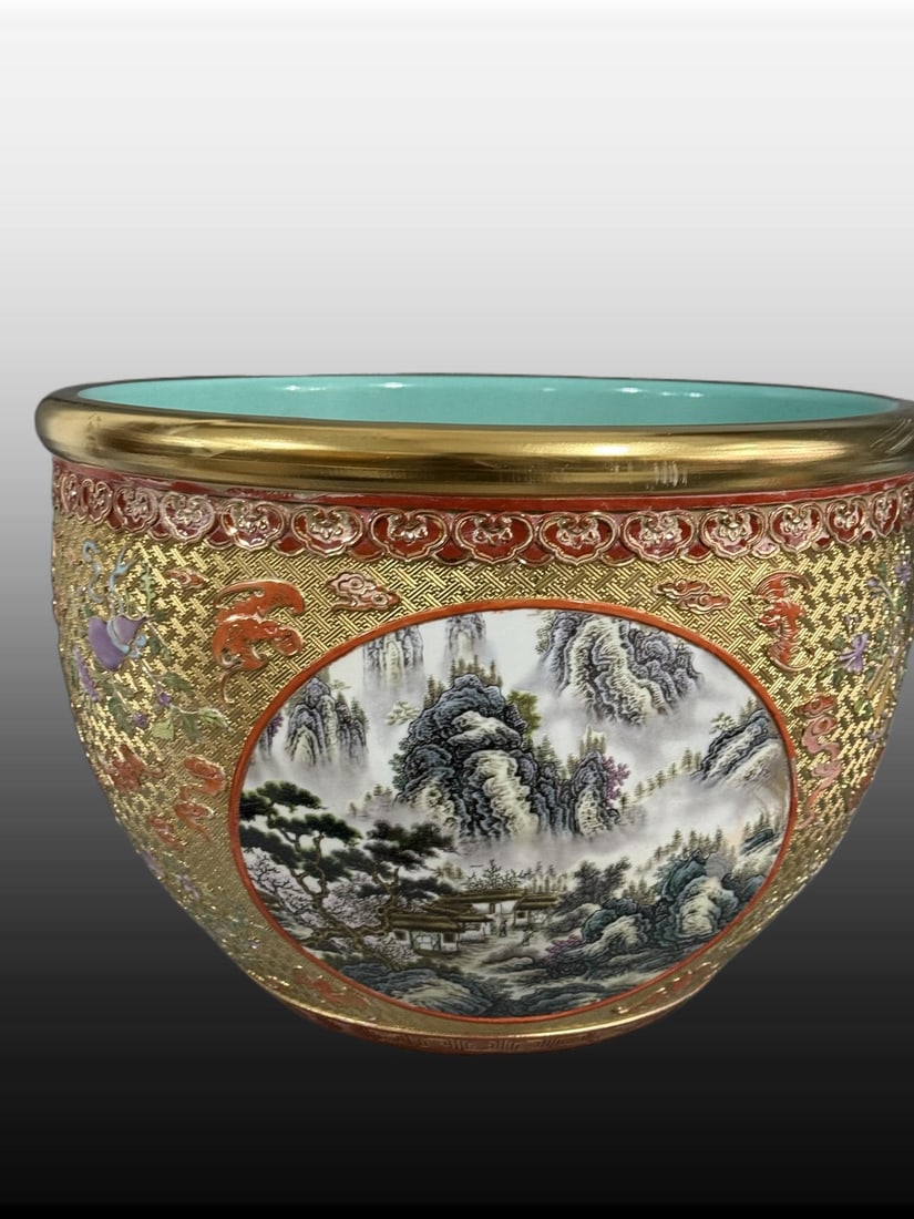 A Exquisite Gold Ground Landscape Pattern Vat: A Exquisite Gold Ground Landscape Pattern Vat,Qing Dynasty, China,Size:10.2inx14.6in 金地山水纹缸,中国清代