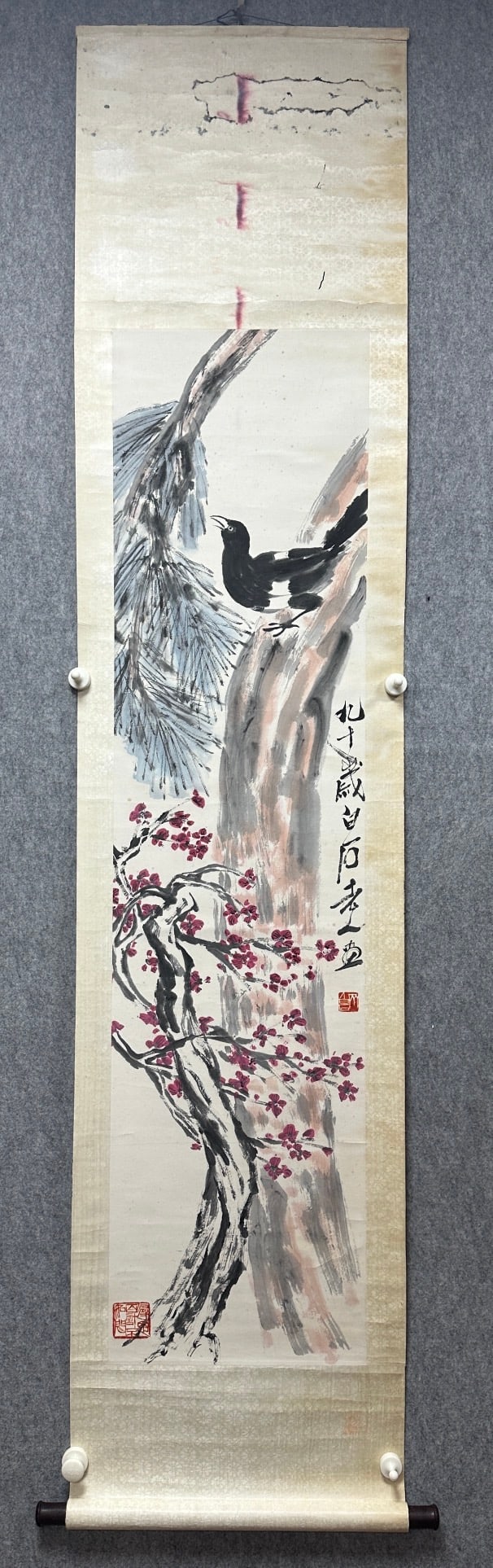A Chinese Vertical Scroll Ink Painting of Flowers and Birds on Paper: A Chinese Vertical Scroll Ink Painting of Flowers and Birds on Paper,Modern Time of China,Qi Baishi,without frame size:13.4inx53.9in