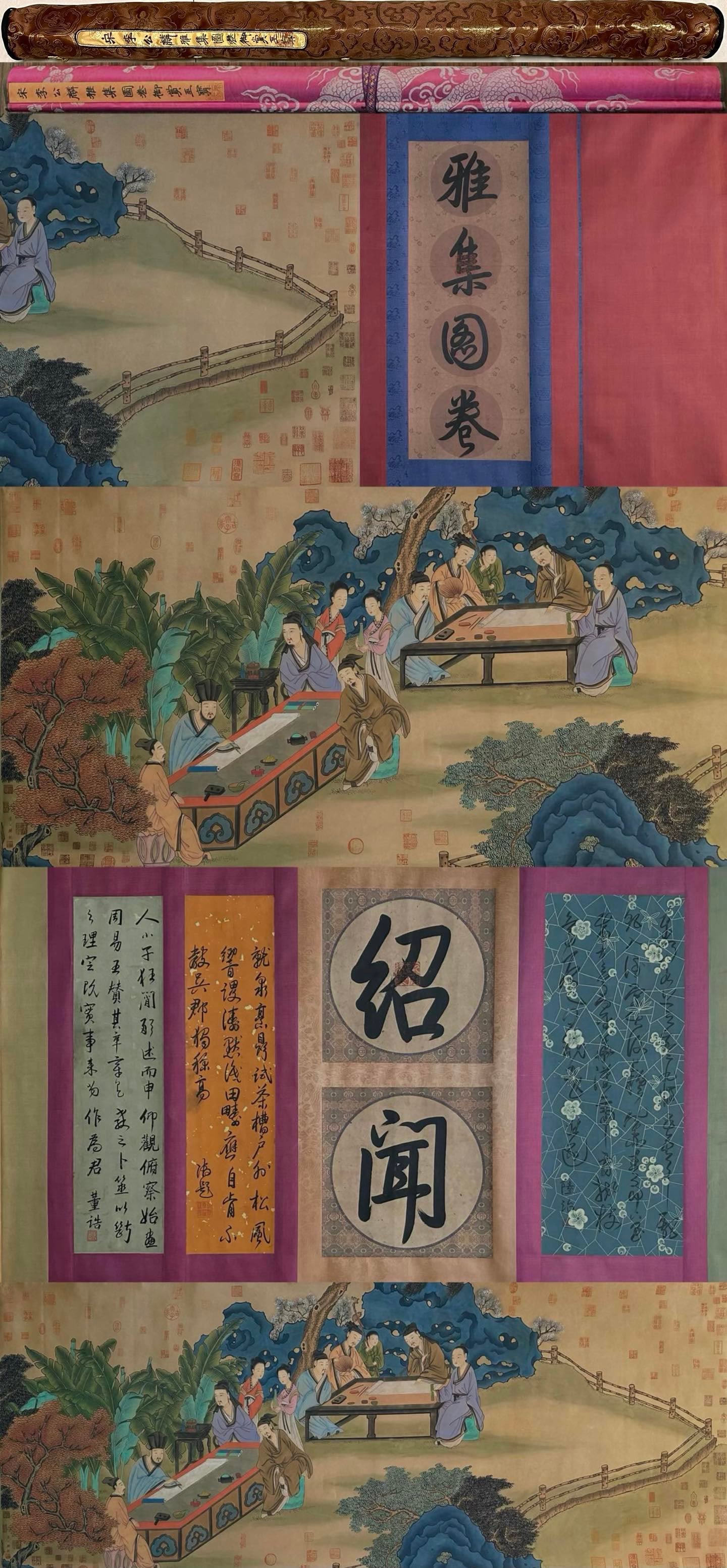 A Chinese Hand Scroll Ink Painting of Figures on Silk: A Chinese Hand Scroll Ink Painting of Figures on Silk,Song Dynasty, China,Li Gonglin,without frame size:35.4inx181.9in 一幅中国水墨绢本人物&