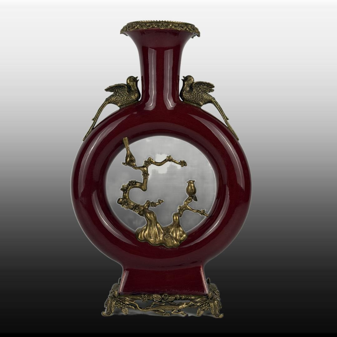 A Exquisite Langyao Red Glaze Copper Inlay Hollow Flower and Bird Vase: A Exquisite Langyao Red Glaze Copper Inlay Hollow Flower and Bird Vase,Qing Dynasty, China,Yongzheng Six-character Mark,Size:16.7inx4.7inx10.6inx7.1in 郎红釉镶铜镂&