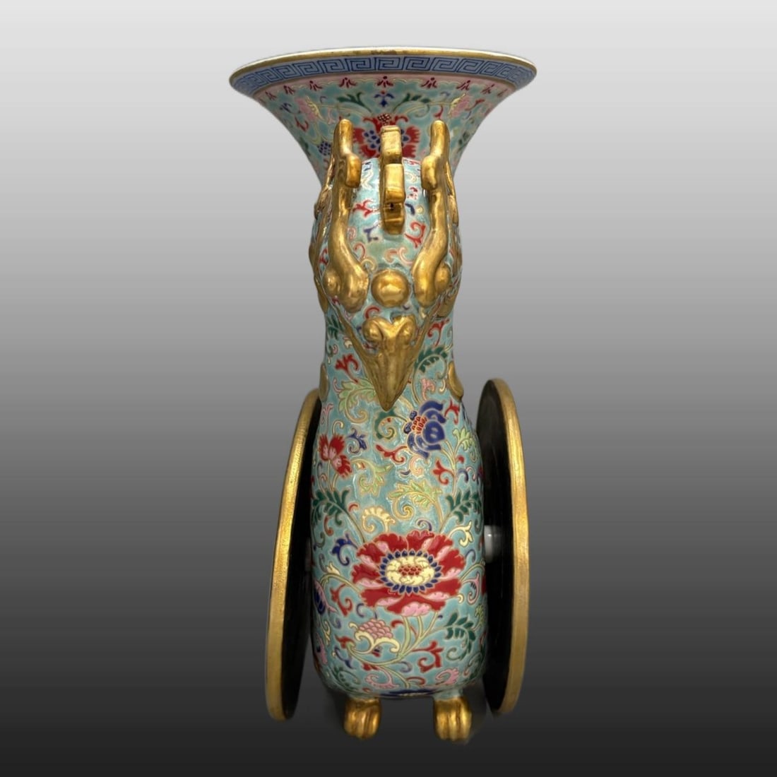 A Exquisite Enamel Painted Gold Phoenix Head Vase: A Exquisite Enamel Painted Gold Phoenix Head Vase,Qing Dynasty, China,Qianlong Six-character Mark,Size:9.8inx10.6in 珐琅彩描金凤首瓶,中国