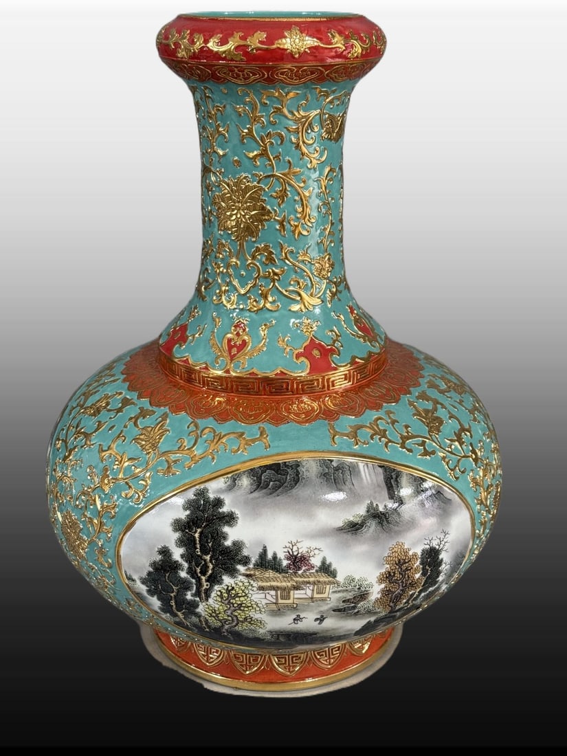 A Exquisite Turquoise-Glazed Ground Painted Gold Landscape Pattern Vase: A Exquisite Turquoise-Glazed Ground Painted Gold Landscape Pattern Vase,Qing Dynasty, China,Qianlong Six-character Mark,Size:13.8inx10.2in
