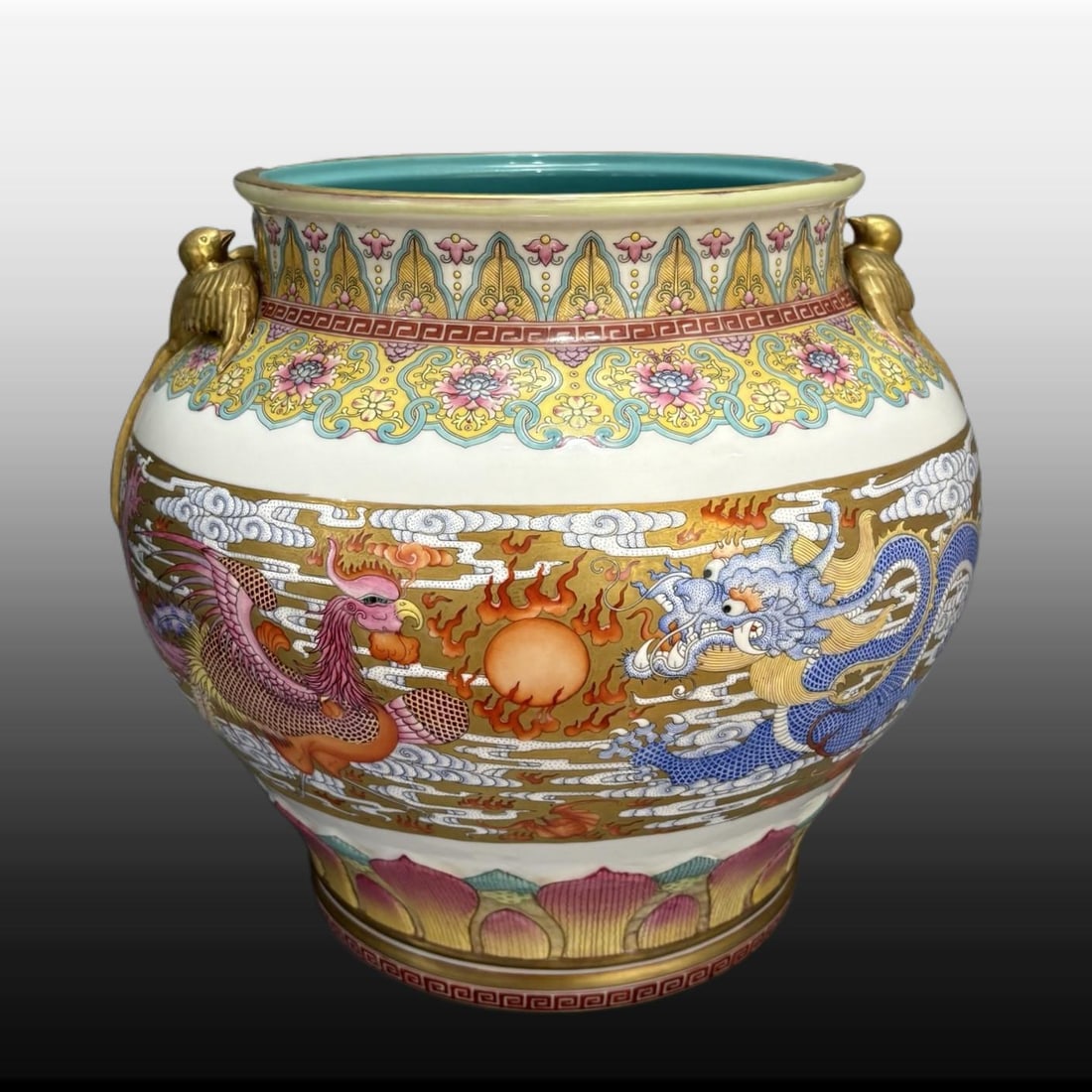 A Exquisite Famille-Rose Gold Ground Dragon and Phoenix Pattern Vat: A Exquisite Famille-Rose Gold Ground Dragon and Phoenix Pattern Vat,Qing Dynasty, China,Qianlong Four-character Mark,Size:13.4inx15in 粉彩金地龙凤纹缸,&