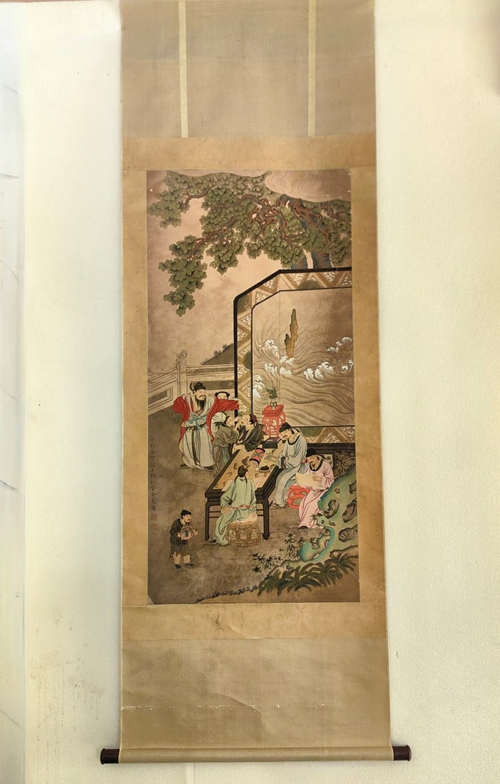 A Chinese Vertical Scroll Ink Painting of Figures on Paper: A Chinese Vertical Scroll Ink Painting of Figures on Paper,Qing Dynasty, China,Yu Ji,without frame size:51.2inx24.4in