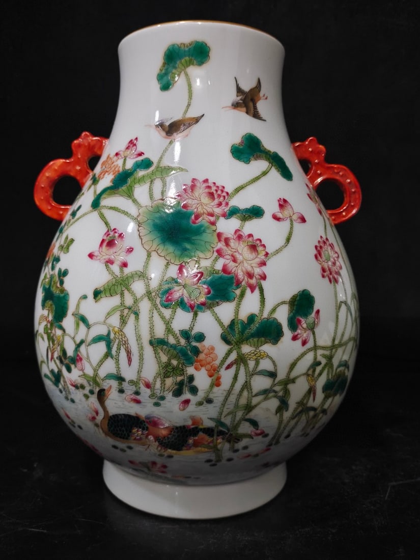 A Exquisite Famille-Rose Flower and Bird Pattern Double-Ears Vase: A Exquisite Famille-Rose Flower and Bird Pattern Double-Ears Vase,Qing Dynasty, China,Yongzheng Six-character Mark,Size:11.8inx8.3inx4.3in