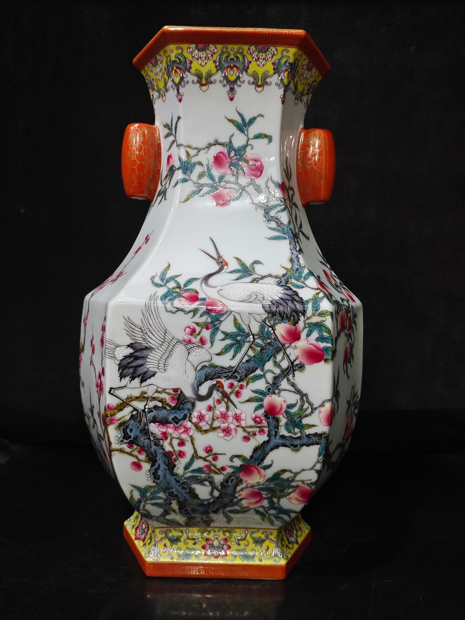A Exquisite Famille-Rose Crane Pattern Double-Ears Vase: A Exquisite Famille-Rose Crane Pattern Double-Ears Vase,Qing Dynasty, China,Qianlong Six-character Mark,Size:16.9inx9.4inx6.7in