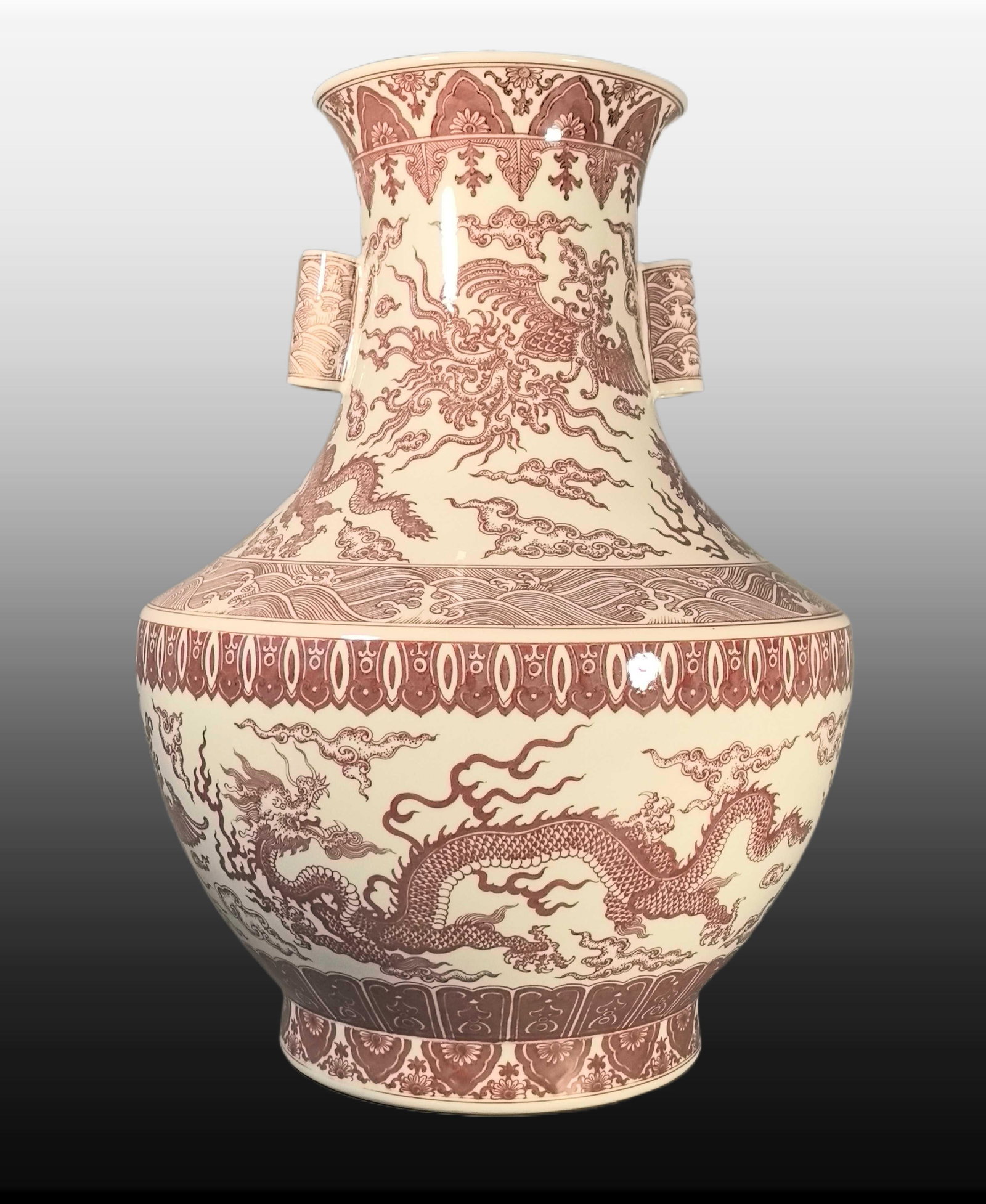 A Exquisite Underglaze-Red Dragon and Phoenix Pattern Vase: A Exquisite Underglaze-Red Dragon and Phoenix Pattern Vase,Qing Dynasty, China,Qianlong Six-character Mark,Size:20.5inx7.8inx15.4inx9.1in 釉里红龙凤纹瓶,È