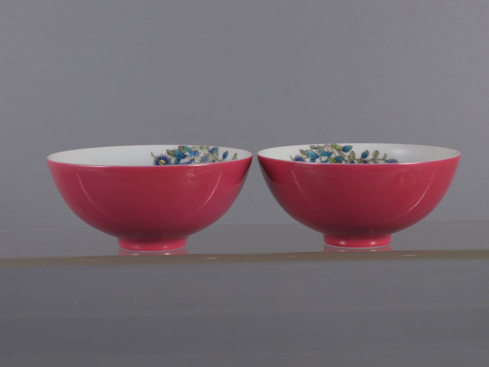 A pair of Exquisite Ruby Red-Glazed Flower Pattern Cup: A pair of Exquisite Ruby Red-Glazed Flower Pattern Cup,Qing Dynasty, China,Yongzheng Six-character Mark,Size:1.7inx3.5in 一对胭脂红釉花卉纹杯