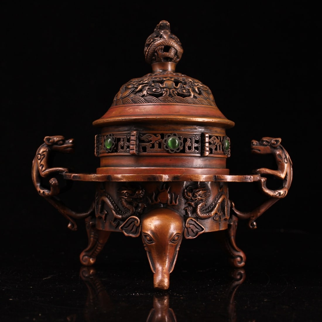 A Exquisite Coppery Inlaid Gems Dragon-Ears Censer: A Exquisite Coppery Inlaid Gems Dragon-Ears Censer,Ming Dynasty, China,Xuande Four-character Mark,Size:7.5inx7.9in ,Weight:1530g