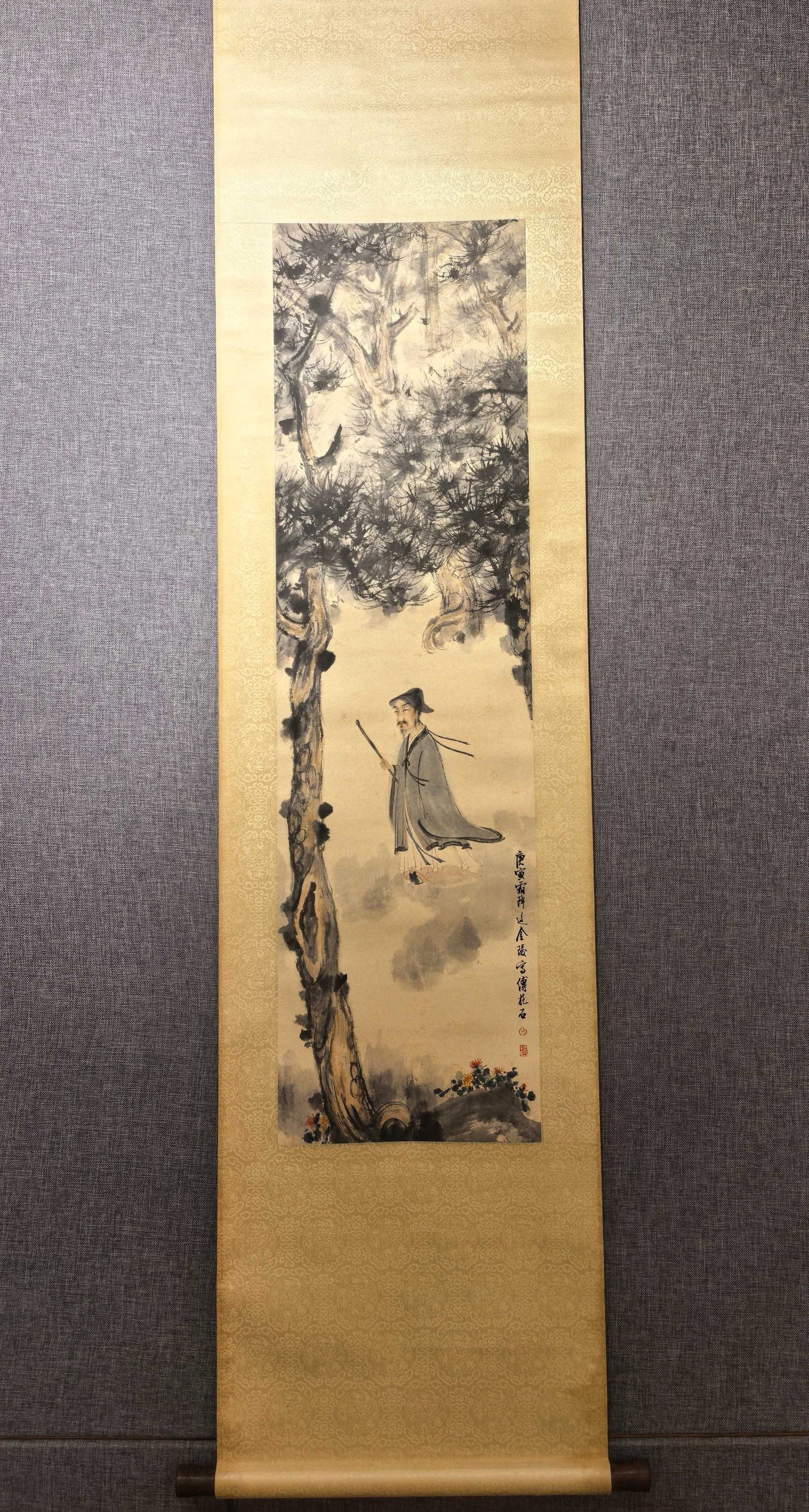 A Chinese Vertical Scroll Ink Figure Painting on Paper: A Chinese Vertical Scroll Ink Figure Painting on Paper,Modern Time of China,Fu Baoshi,without frame size:47.2inx13in