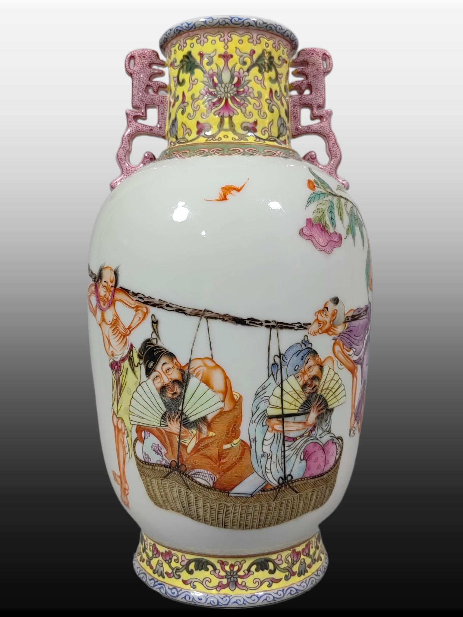 A Exquisite Famille-Rose Figures Pattern Vase: A Exquisite Famille-Rose Figures Pattern Vase,Qing Dynasty, China,Qianlong Six-character Mark,Size:10.2inx5.5in