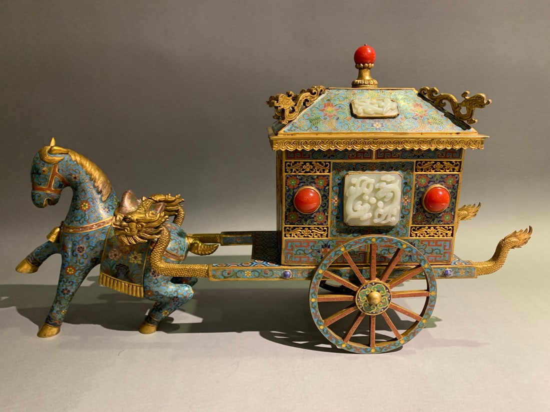 A Exquisite Cloisonne Inlaid White Jade Gems Carriage Ornament (1 of 9)